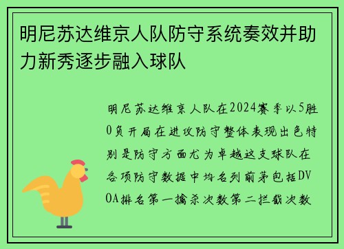 明尼苏达维京人队防守系统奏效并助力新秀逐步融入球队